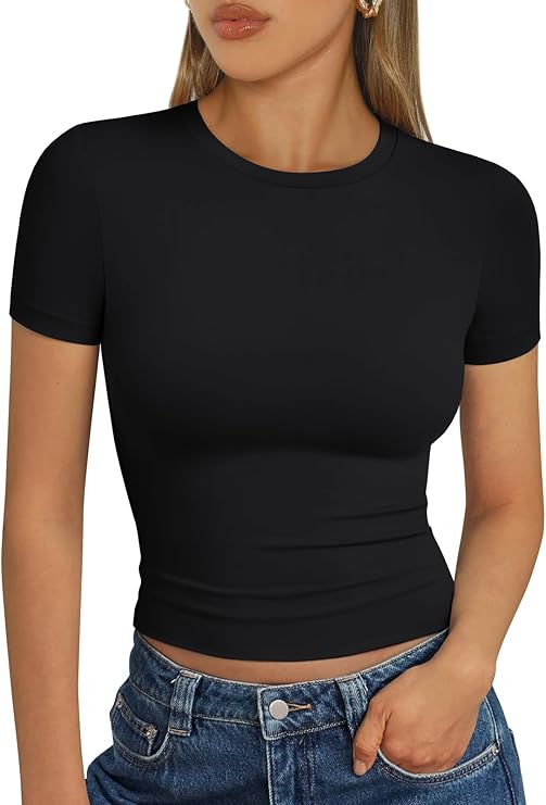 Áo thun nữ cơ bản mùa hè 2025 Áo crop top tay ngắn ôm vừa vặn tập thể dục thể hình Y2k Quần áo