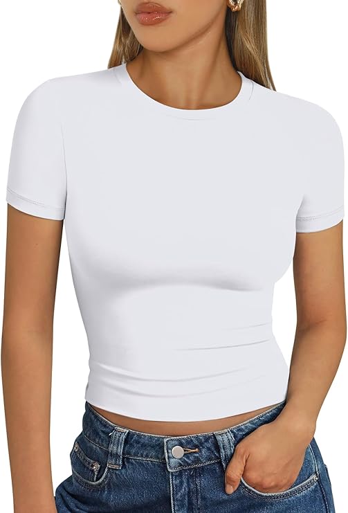 Áo thun nữ cơ bản mùa hè 2025 Áo crop top tay ngắn ôm vừa vặn tập thể dục thể hình Y2k Quần áo