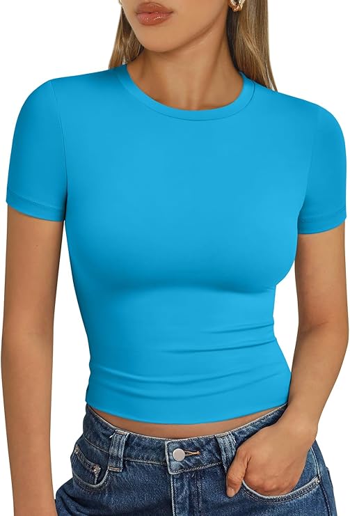 Áo thun nữ cơ bản mùa hè 2025 Áo crop top tay ngắn ôm vừa vặn tập thể dục thể hình Y2k Quần áo