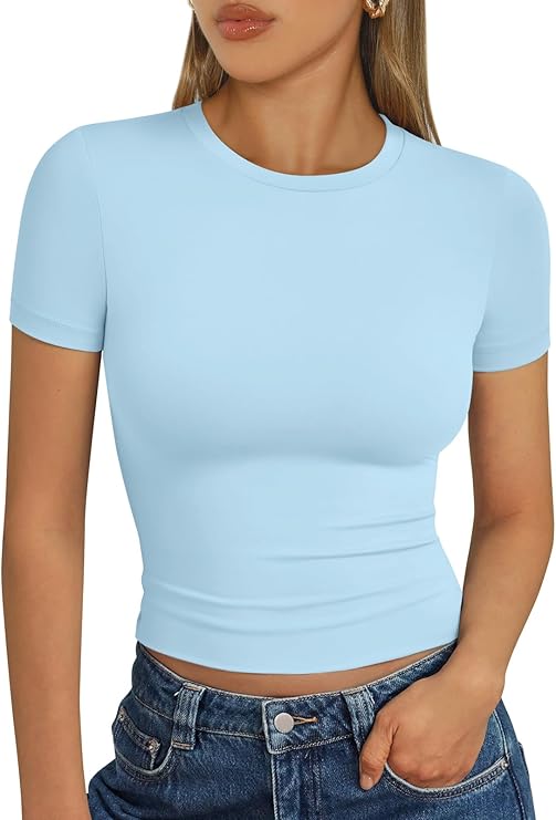 Áo thun nữ cơ bản mùa hè 2025 Áo crop top tay ngắn ôm vừa vặn tập thể dục thể hình Y2k Quần áo