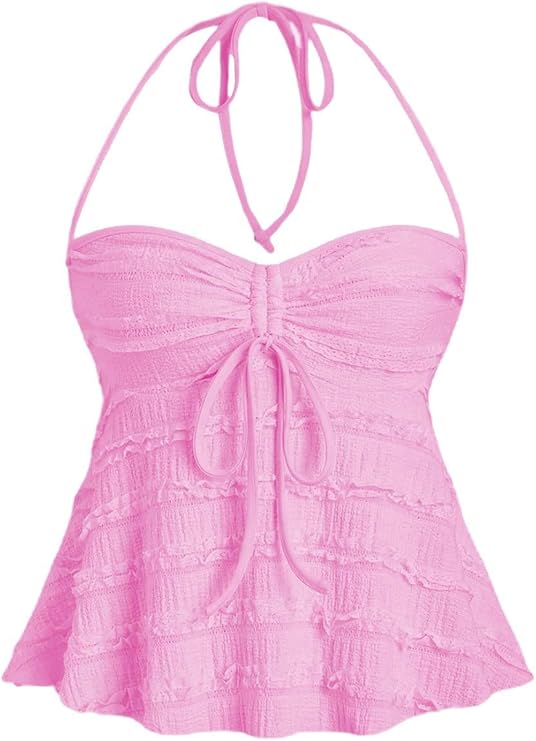 Áo crop top hở lưng peplum Y2K cho nữ, váy xếp ly, dây rút, dây mảnh, thường ngày