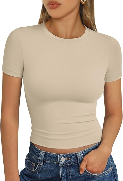 Áo thun nữ cơ bản mùa hè 2025 Áo crop top tay ngắn ôm vừa vặn tập thể dục thể hình Y2k Quần áo