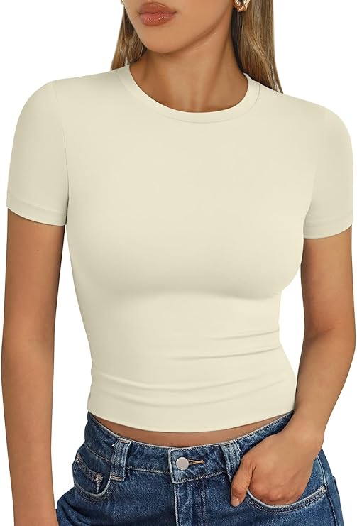Áo thun nữ cơ bản mùa hè 2025 Áo crop top tay ngắn ôm vừa vặn tập thể dục thể hình Y2k Quần áo