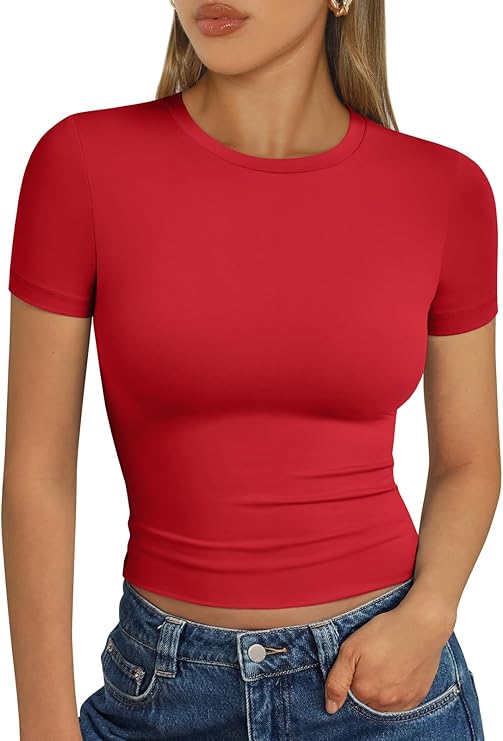Áo thun nữ cơ bản mùa hè 2025 Áo crop top tay ngắn ôm vừa vặn tập thể dục thể hình Y2k Quần áo