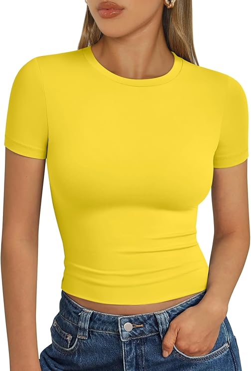 Áo thun nữ cơ bản mùa hè 2025 Áo crop top tay ngắn ôm vừa vặn tập thể dục thể hình Y2k Quần áo