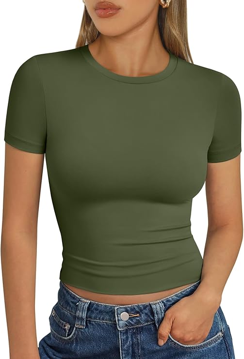 Áo thun nữ cơ bản mùa hè 2025 Áo crop top tay ngắn ôm vừa vặn tập thể dục thể hình Y2k Quần áo