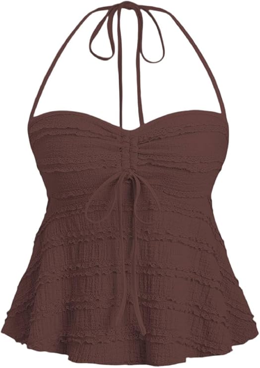 Áo crop top hở lưng peplum Y2K cho nữ, váy xếp ly, dây rút, dây mảnh, thường ngày