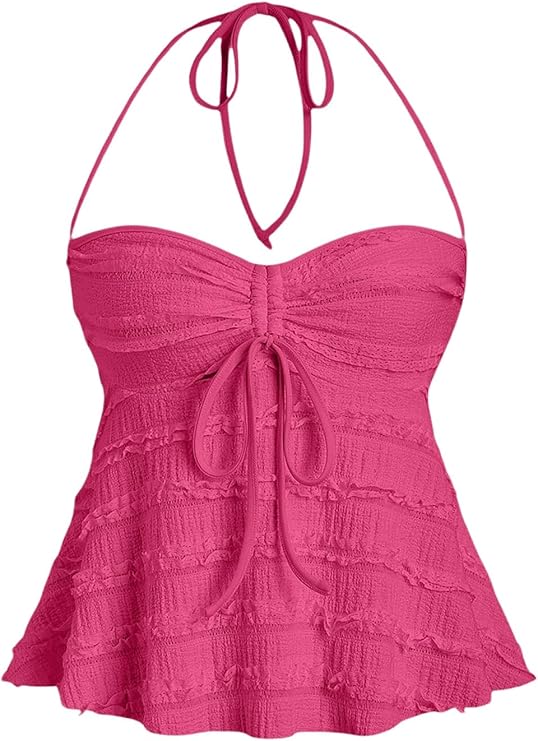 Áo crop top hở lưng peplum Y2K cho nữ, váy xếp ly, dây rút, dây mảnh, thường ngày