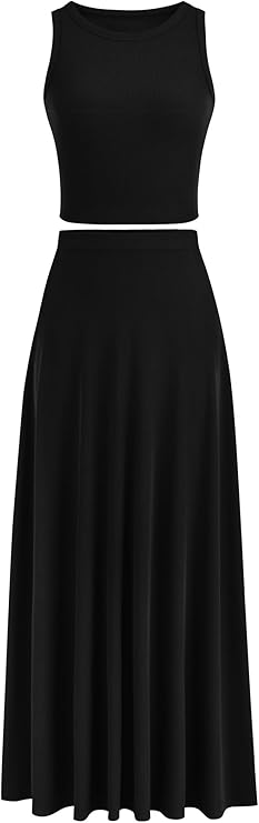 Bộ váy maxi 2 mảnh cho nữ Áo vest ngắn dệt kim mùa hè giản dị Bộ váy maxi cạp cao