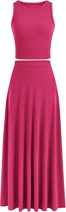 Bộ váy maxi 2 mảnh cho nữ Áo vest ngắn dệt kim mùa hè giản dị Bộ váy maxi cạp cao