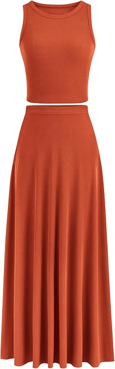 Bộ váy maxi 2 mảnh cho nữ Áo vest ngắn dệt kim mùa hè giản dị Bộ váy maxi cạp cao
