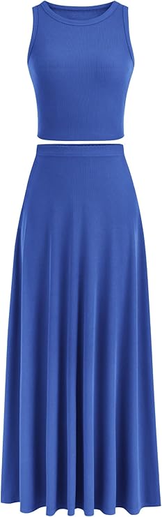 Bộ váy maxi 2 mảnh cho nữ Áo vest ngắn dệt kim mùa hè giản dị Bộ váy maxi cạp cao