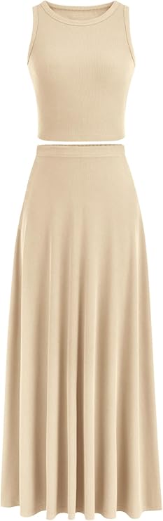 Bộ váy maxi 2 mảnh cho nữ Áo vest ngắn dệt kim mùa hè giản dị Bộ váy maxi cạp cao