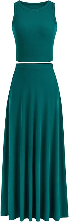 Bộ váy maxi 2 mảnh cho nữ Áo vest ngắn dệt kim mùa hè giản dị Bộ váy maxi cạp cao