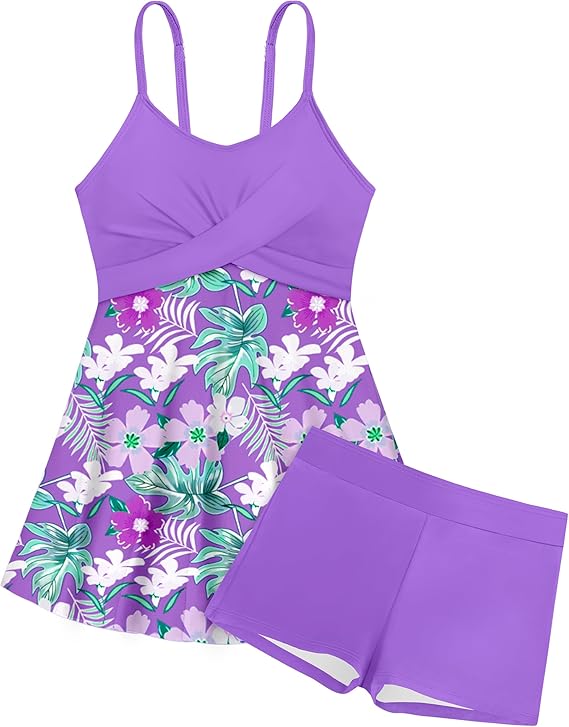bé gái, váy lưới in họa tiết nhiệt đới, quần short, áo tắm hai mảnh Tankini dành cho tuổi teen