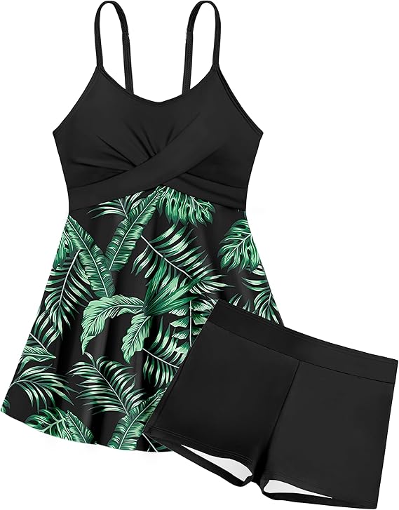 bé gái, váy lưới in họa tiết nhiệt đới, quần short, áo tắm hai mảnh Tankini dành cho tuổi teen