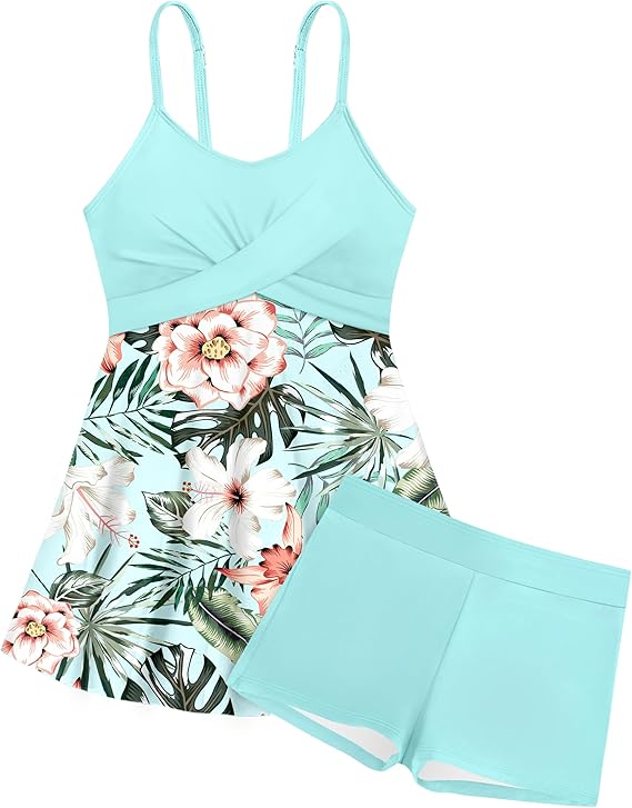 bé gái, váy lưới in họa tiết nhiệt đới, quần short, áo tắm hai mảnh Tankini dành cho tuổi teen