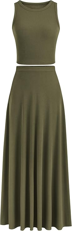 Bộ váy maxi 2 mảnh cho nữ Áo vest ngắn dệt kim mùa hè giản dị Bộ váy maxi cạp cao