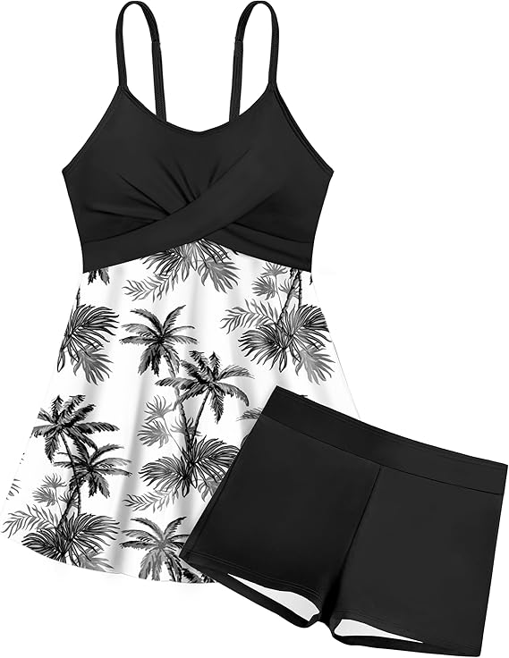 bé gái, váy lưới in họa tiết nhiệt đới, quần short, áo tắm hai mảnh Tankini dành cho tuổi teen