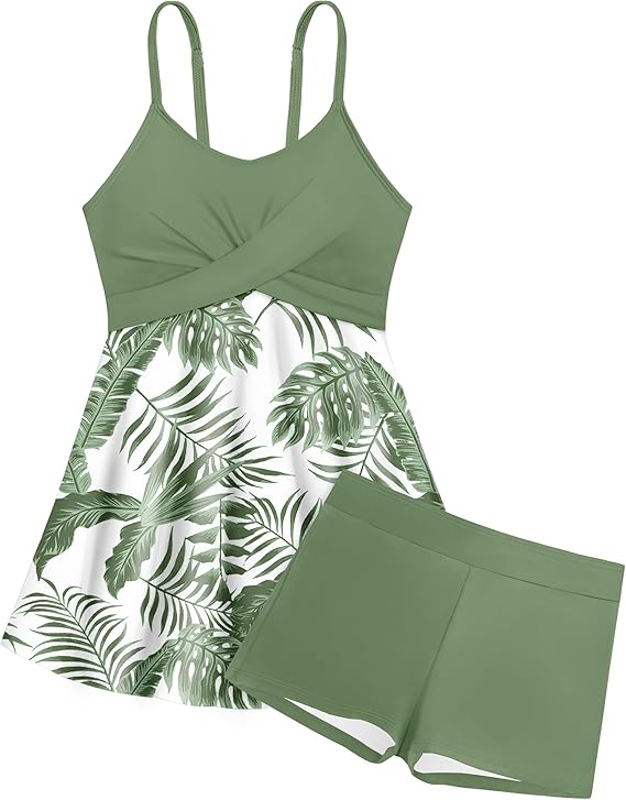 bé gái, váy lưới in họa tiết nhiệt đới, quần short, áo tắm hai mảnh Tankini dành cho tuổi teen