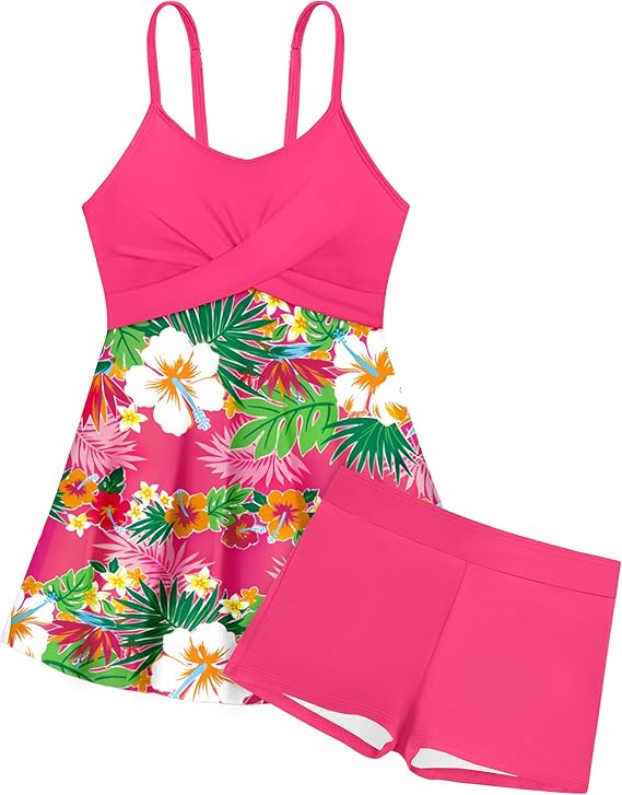 bé gái, váy lưới in họa tiết nhiệt đới, quần short, áo tắm hai mảnh Tankini dành cho tuổi teen