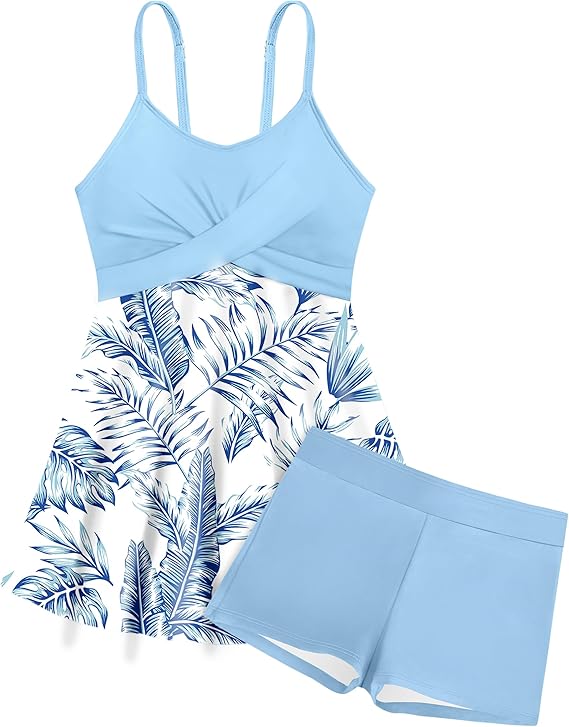 bé gái, váy lưới in họa tiết nhiệt đới, quần short, áo tắm hai mảnh Tankini dành cho tuổi teen